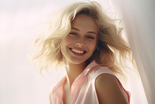 eine blonde Frau mit blonden Haaren, die im Stil eines Sonnenflecks lächelt