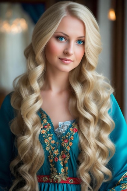 Eine blonde Frau mit langen blonden Haaren trägt ein blaues Kleid mit Blumen auf der rechten Seite.