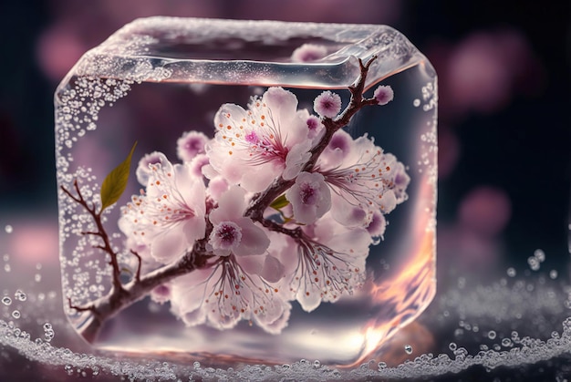 Eine blühende Kirschblüte, umhüllt von einem Eiswürfel, den Ai erzeugt hat