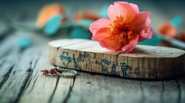 Eine Blume auf einem Holzblock mit einem Armband darauf