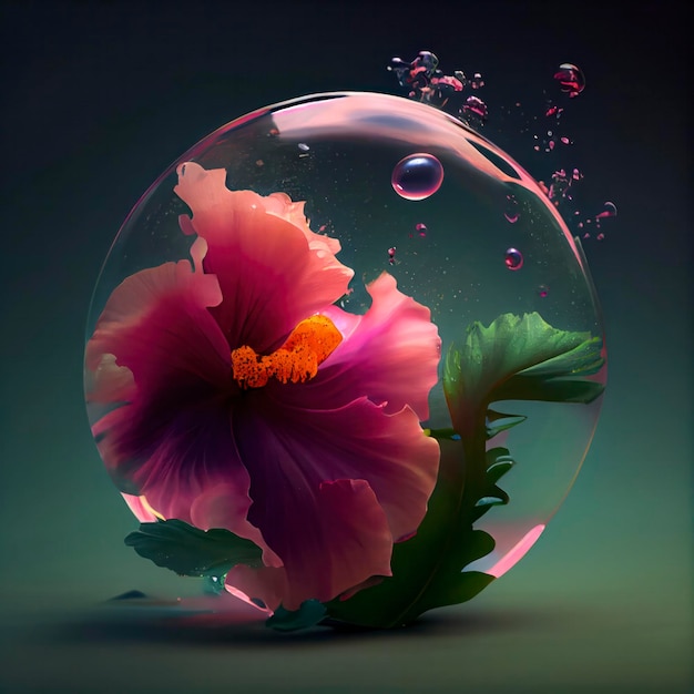 Eine Blume befindet sich in einer Blase mit einer Wasserblase im Hintergrund.