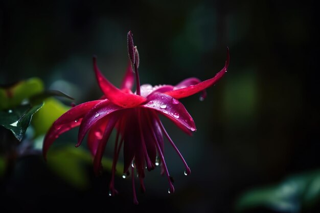 Eine Blume im Dunkeln mit Wassertropfen darauf