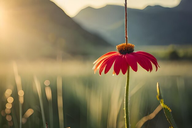 Foto eine blume im gras mit der sonne dahinter