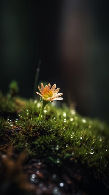 Eine Blume im Regen mit Tau auf dem Moos