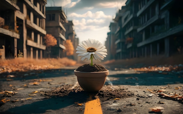 eine Blume in einem Topf auf der Straße mit dem Himmel im Hintergrund