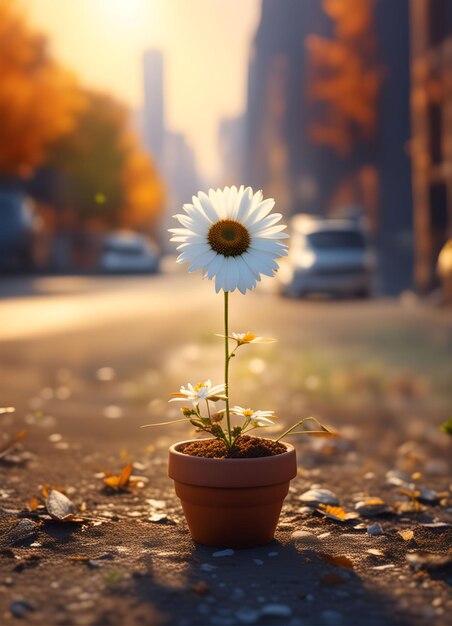 eine Blume in einem Topf auf der Straße mit der Sonne dahinter
