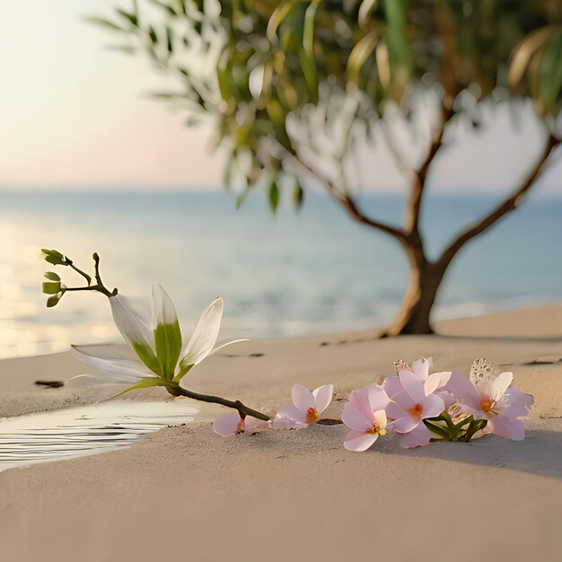 eine Blume liegt auf dem Sand in der Nähe des Wassers