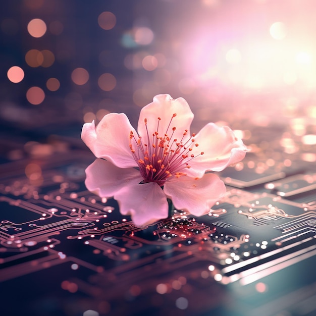 Foto eine blume oben auf einem computerbrett im stil von kirschblüten