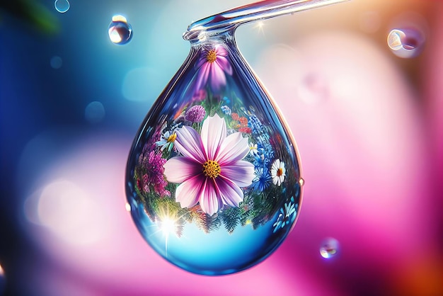 eine Blume spiegelt sich in einem Tropfen Wasser wider
