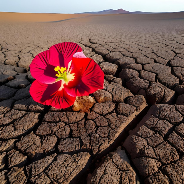 Eine Blume steht mitten in einer rissigen Wüste.