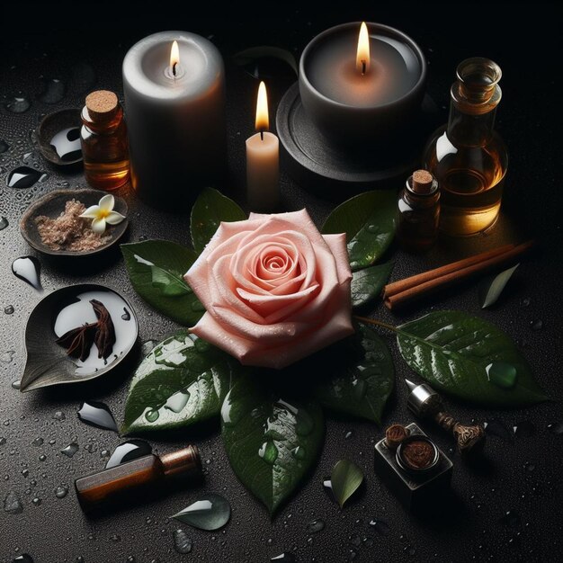 eine Blume und eine Kerze auf einem Tisch mit Kerzen und einer Kerze