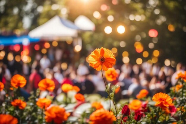 eine Blume vor einem Zelt mit Menschen im Hintergrund