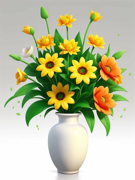 Eine Blumenvase mit Blumen und einem gelben Blumen-weißen Hintergrund