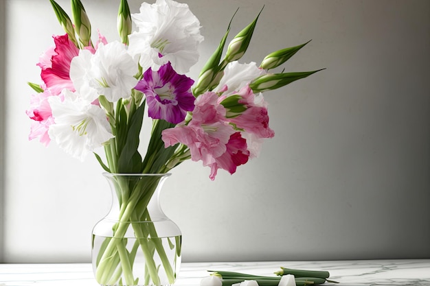 Eine Blumenvase mit grünem Stiel und rosa Blüten.