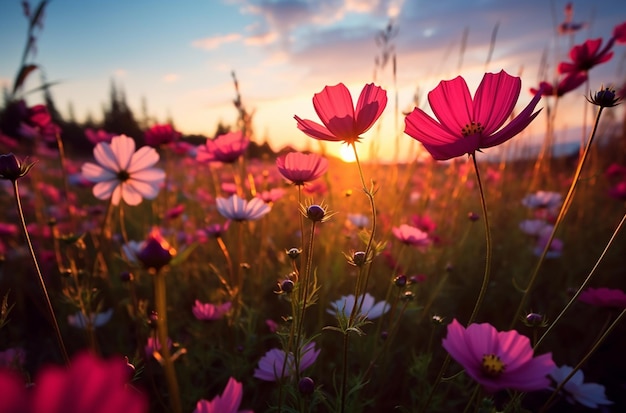 Eine Blumenwiese, dahinter die untergehende Sonne