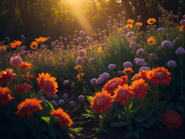 Eine Blumenwiese, durch die die Sonne scheint