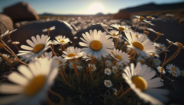 Eine Blumenwiese, hinter der die Sonne untergeht