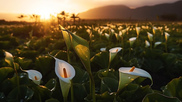 Eine Blumenwiese, hinter der die Sonne untergehtGenerative KI