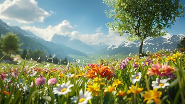 Eine Blumenwiese im Frühling an einem sonnigen Tag