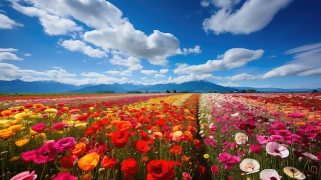 Eine Blumenwiese mit Bergen im Hintergrund