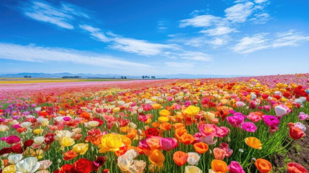 Eine Blumenwiese mit Bergen im Hintergrund