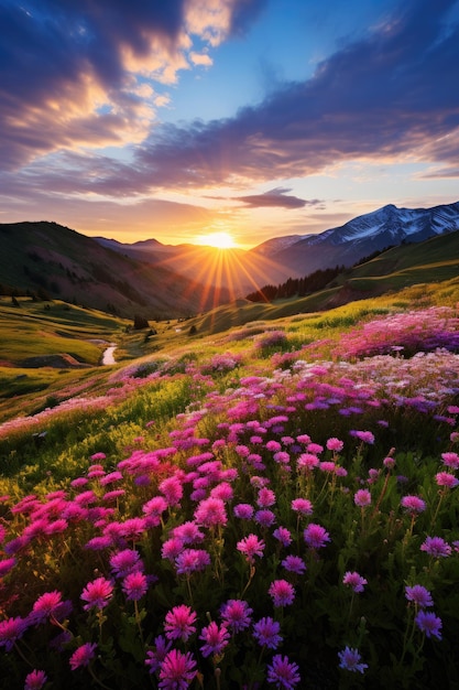 Eine Blumenwiese mit Bergen im Hintergrund