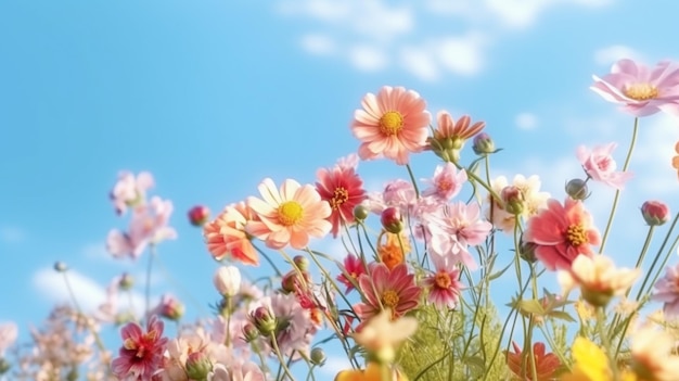 Eine Blumenwiese mit blauem Himmel im Hintergrund