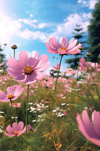 Eine Blumenwiese mit blauem Himmel im Hintergrund.