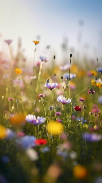 Eine Blumenwiese mit blauem Himmel im Hintergrund