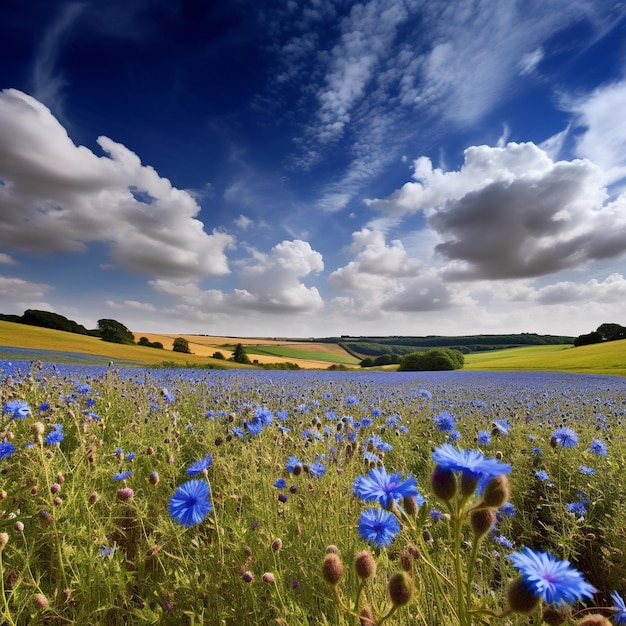 Eine Blumenwiese mit blauem Himmel im Hintergrund