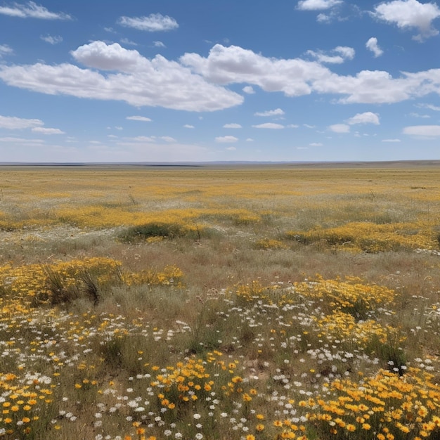 Eine Blumenwiese mit blauem Himmel und Wolken im Hintergrund