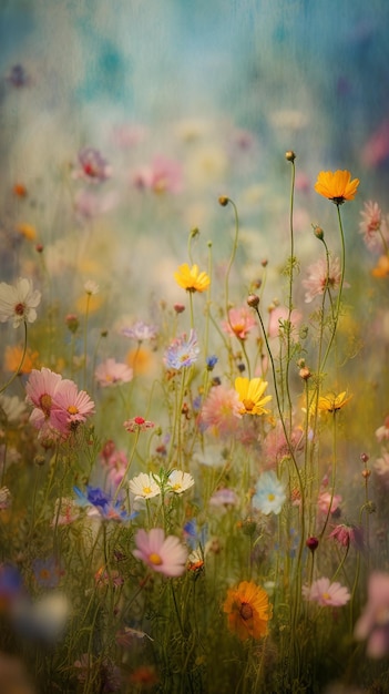 Eine Blumenwiese mit buntem Hintergrund