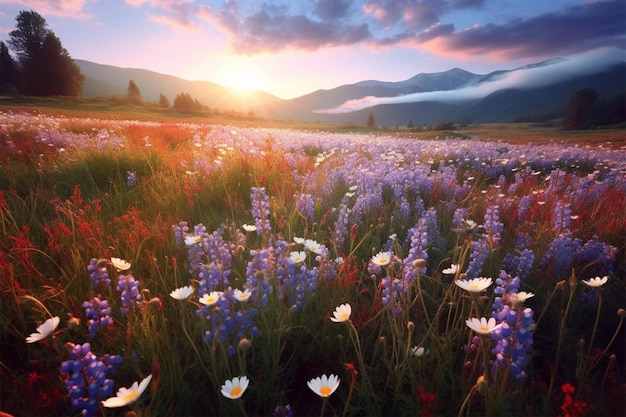 Eine Blumenwiese mit einem Berg im Hintergrund