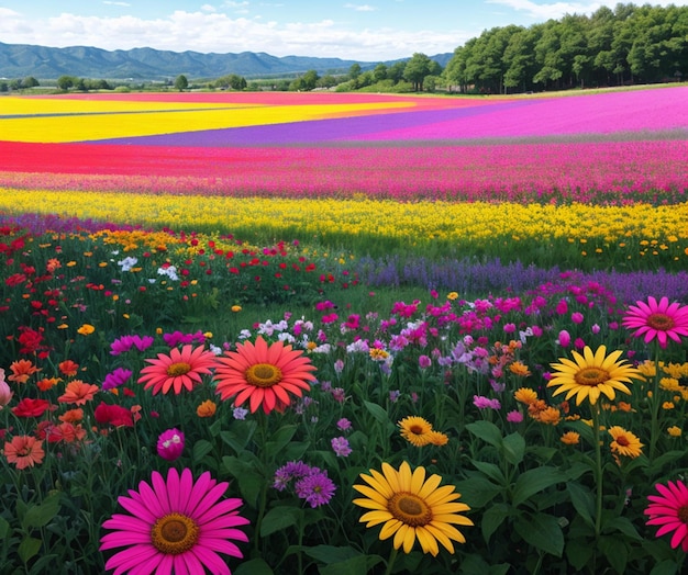 Eine Blumenwiese mit einem Berg im Hintergrund