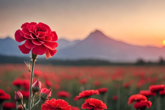 Eine Blumenwiese mit einem Berg im Hintergrund