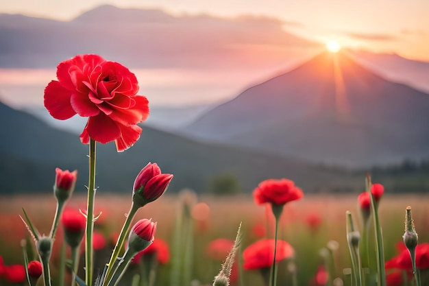 Eine Blumenwiese mit einem Berg im Hintergrund