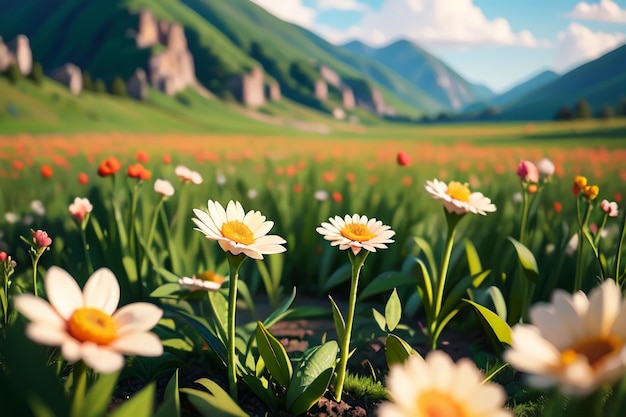 Eine Blumenwiese mit einem Berg im Hintergrund