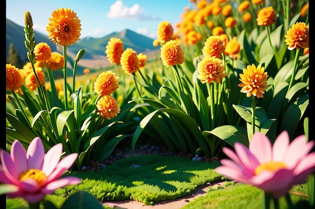 Eine Blumenwiese mit einem Berg im Hintergrund