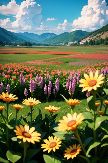 Eine Blumenwiese mit einem Berg im Hintergrund