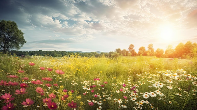 Eine Blumenwiese mit einem Sonnenuntergang im Hintergrund