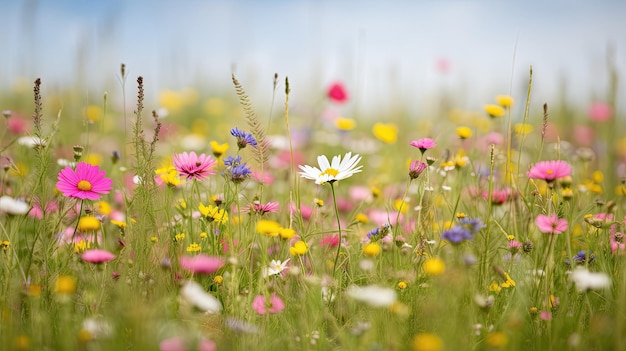 Eine Blumenwiese mit einem weißen Gänseblümchen in der Mitte