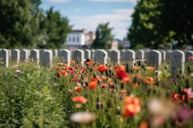 Eine Blumenwiese vor einem Friedhof.