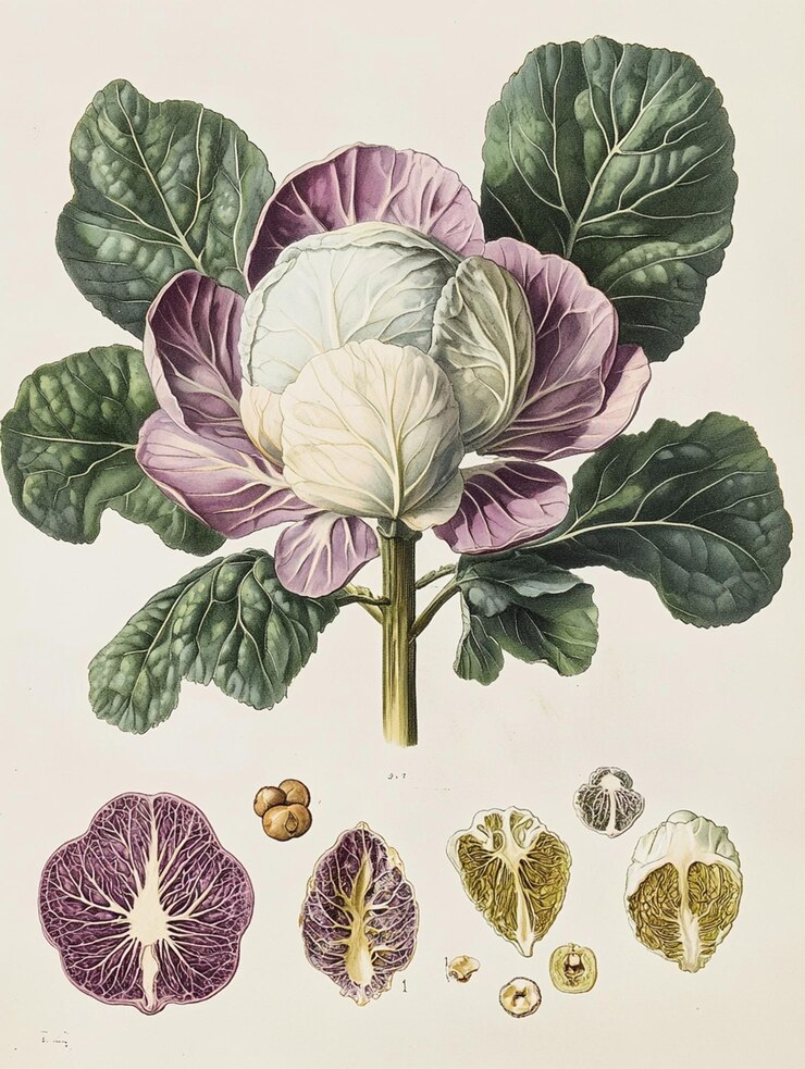 Eine botanische Illustration der Kohlpflanze aus der Vintage-Zeit