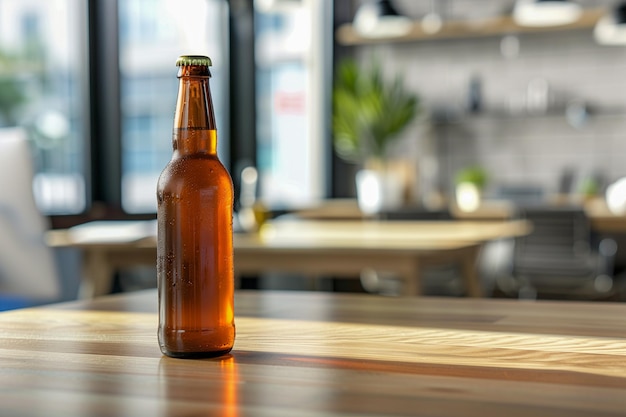 Eine Bottel Bier sitzt auf einem Holztisch in einem Raum mit Blick nach außen