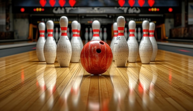 Eine Bowlingkugel und Kegel schlagen