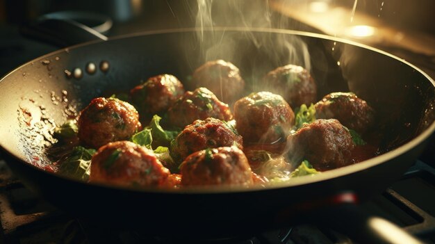 Foto eine bratpfanne, gefüllt mit köstlichen fleischkugeln, die mit würziger soße bedeckt sind. perfekt für rezepte, kochen und lebensmittelprojekte.