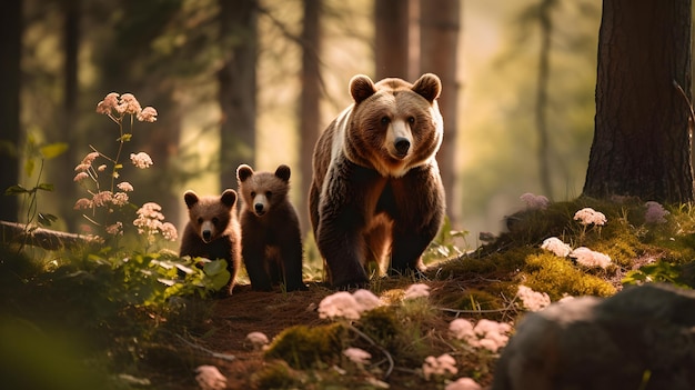 Foto eine braunbärenmutter und ihre jungen im wald