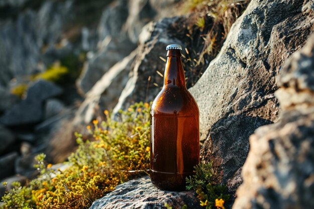 Foto eine braune bierflasche sitzt auf einem felsen