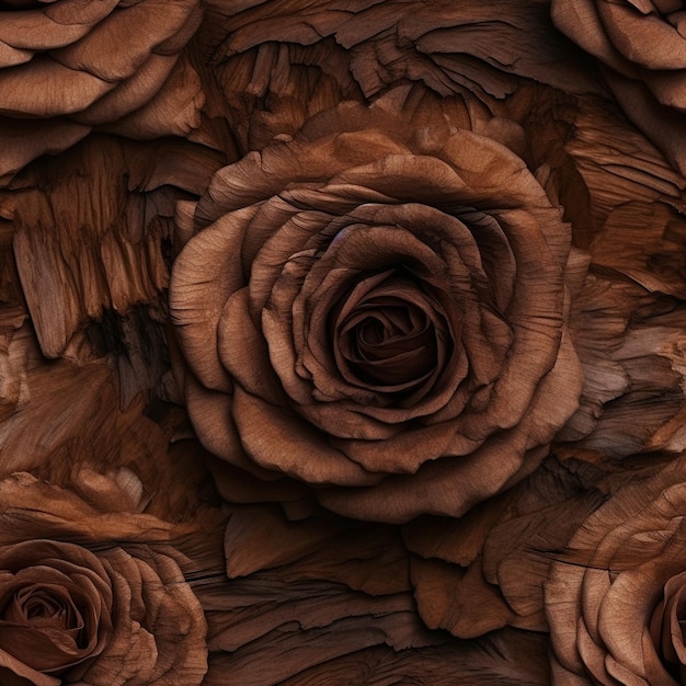 Eine braune Blume mit schwarzem Hintergrund und den Worten „Liebe“ darauf. Nahtlose Musterstruktur aus Holz