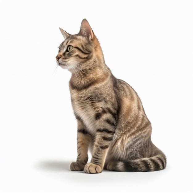 Eine braune getigerte Katze mit schwarzen Streifen auf weißem Hintergrund